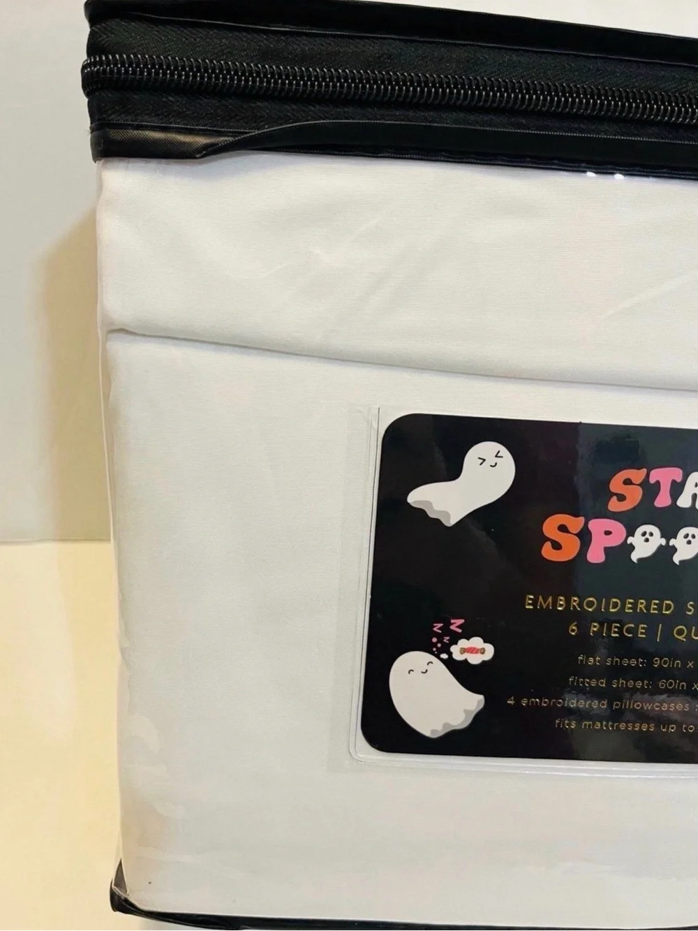 Stay Spooky Embroidered Ghosts Halloween Queen Size 6 Piece Sheet Set